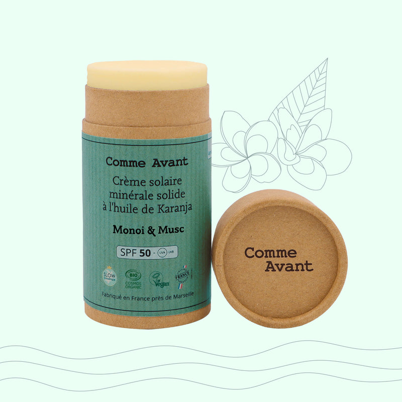 Crème solaire solide SPF50 haute protection parfum monoï comme avant
