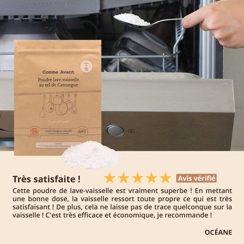 Notre poudre lave-vaisselle en version 3 est encore plus efficace, toujours 100 % naturelle et biodégradable
