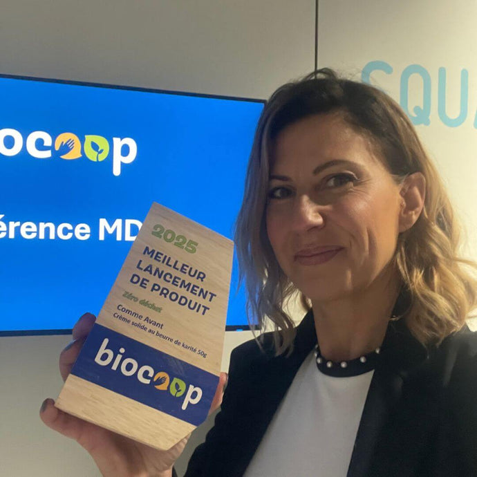 Notre crème solide au beurre de karité a remporté le trophée Biocoop du meilleur lancement de produit dans la catégorie Zéro déchet 🏆
