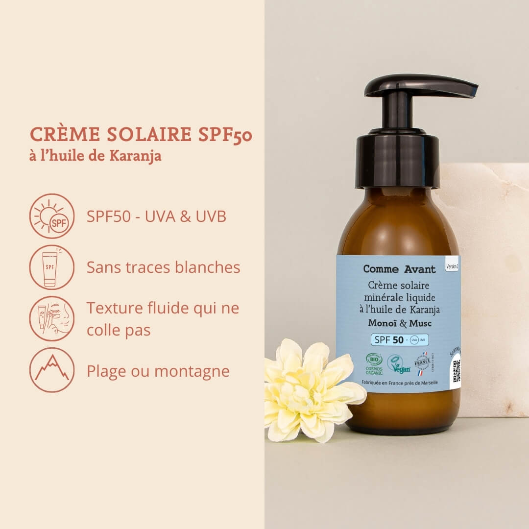 Crme solaire minrale liquide bio d'origine naturelle SPF50 Visage et Corps Crme solaire minrale liquide bio d'origine naturelle SPF50 Visage et Corps