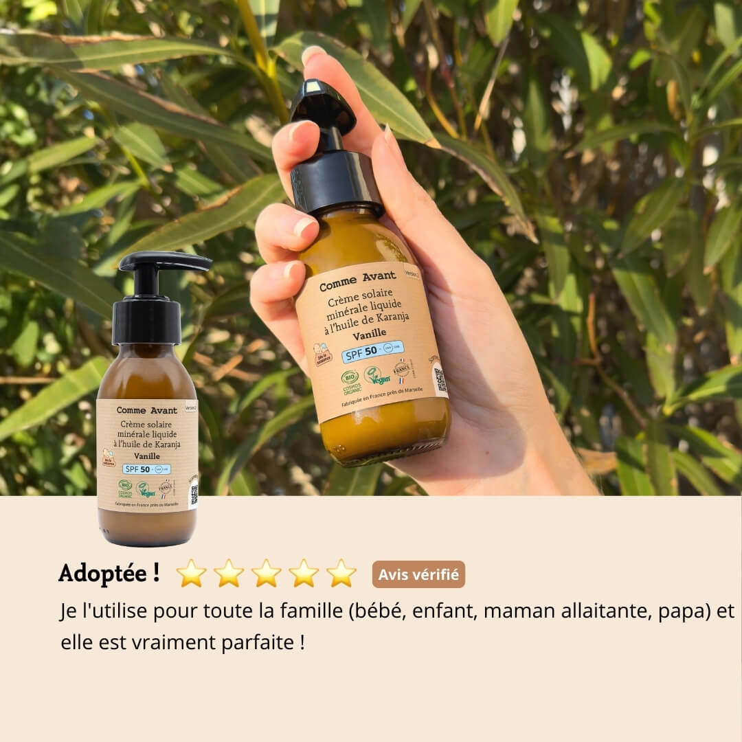 Crme solaire minrale liquide bio d'origine naturelle SPF50 Visage et Corps Crme solaire minrale liquide bio d'origine naturelle SPF50 Visage et Corps