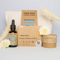 routine de soin pour peaux sèches et déshydratée avec trois produits comme avant