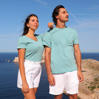 T-shirt en coton, bleu ciel,  pour homme et femme , marque comme avant, col V ou col rond, fabriqué près de Marseille