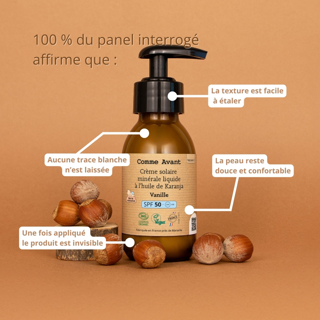 Crme solaire minrale liquide bio d'origine naturelle SPF50 Visage et Corps Crme solaire minrale liquide bio d'origine naturelle SPF50 Visage et Corps